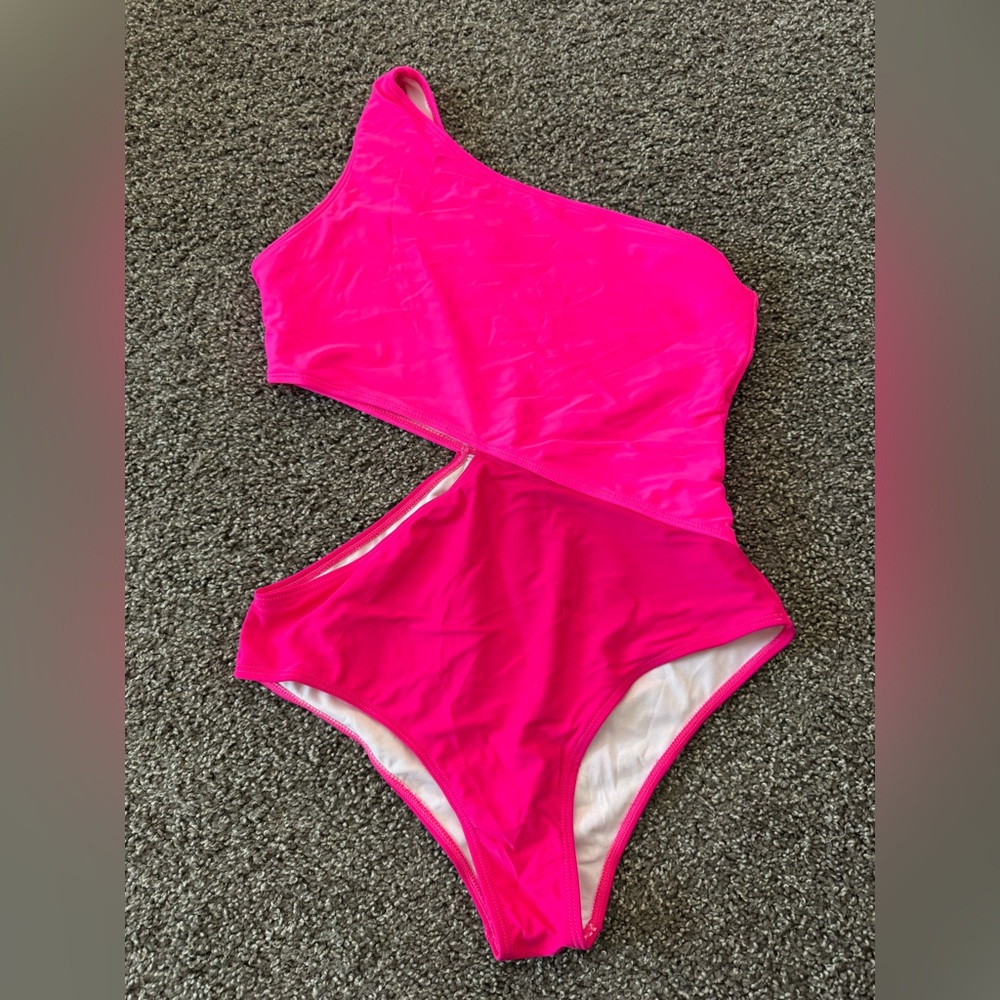 Hot pink color block one shoulder one piece
